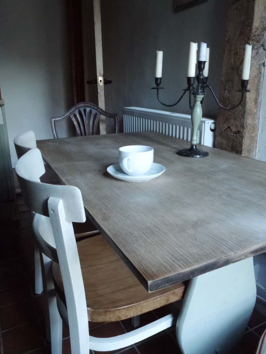 kitchen chairs repaired and given a coat of Annie Sloane paint followed by a coat of wax